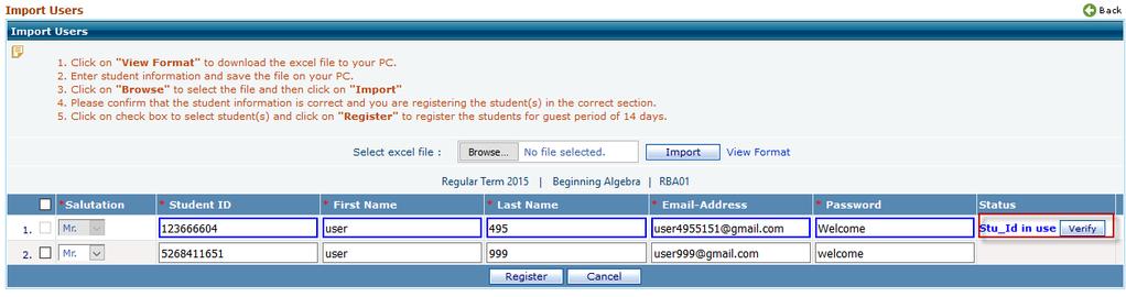 If uploaded student id is associated with other student, the user will get below alert message as shown.