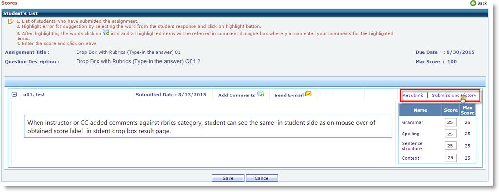 Student viewing obtained score and rubrics comments: