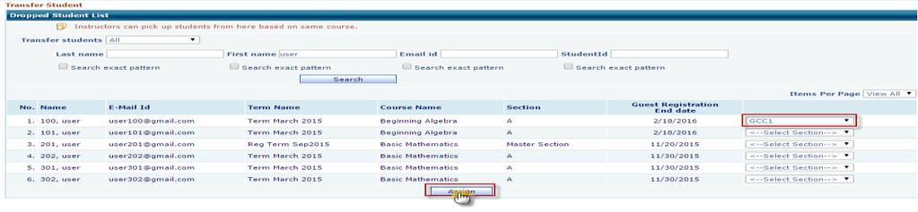 Now, Instructor can search for the active student(s) under ALL users type and those student(s) can be assigned (transferred) to the required sections.