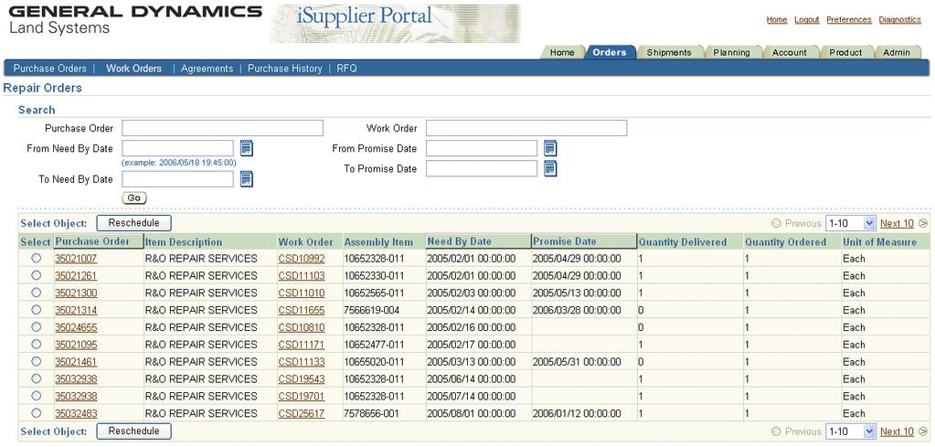 Purchase Orders on isupplier One of the advantages of viewing your Work Orders on this screen is that it shows you the actual part number the service is being performed on.