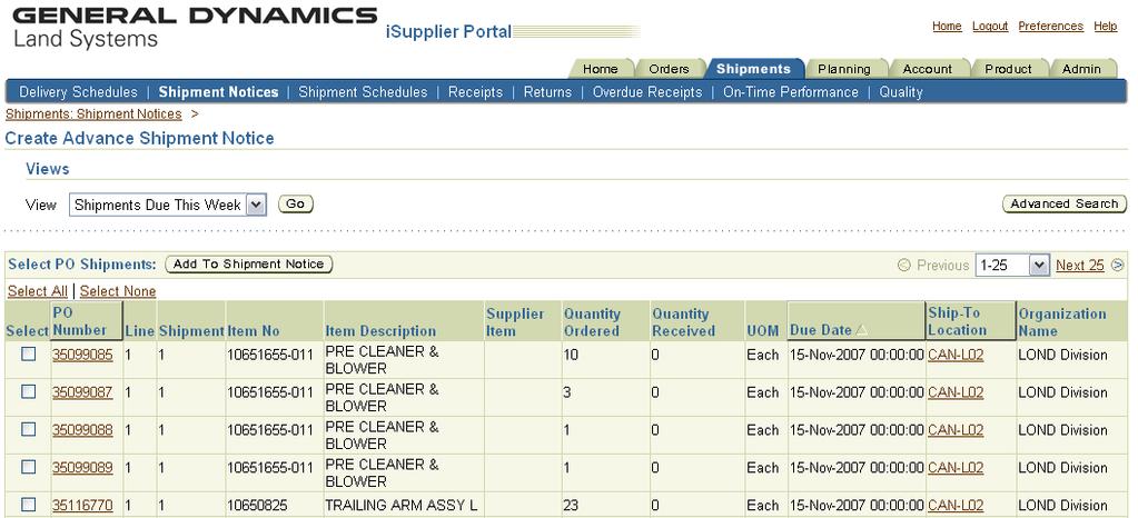 A summary of your open POs will appear. By default isupplier will show your "Shipments Due This Week" on the drop-down box.