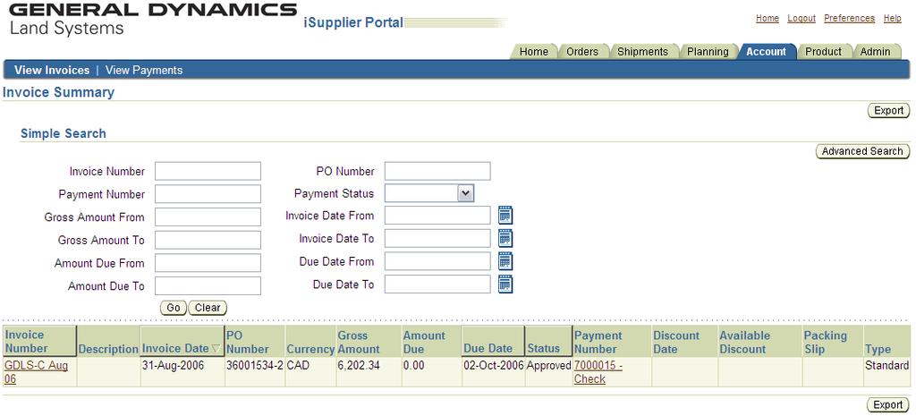 Invoices and Payments Summary information is shown for all invoices that met your search criteria.