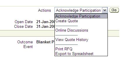 Sourcing From the Actions menu at the top-right, choose Acknowledge Participation and click Go. Select the "No" radio button, and add a note to the buyer explaining why you cannot bid.