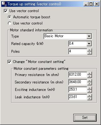 3.4.1. Torque up Setting (vector control) When the "Use vector control" is checked, the following grayed-out items return to normal.