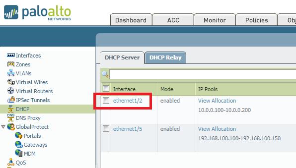which interface DHCP is running, log on to the Palo Alto Networks firewall web interface and navigate to DHCP.