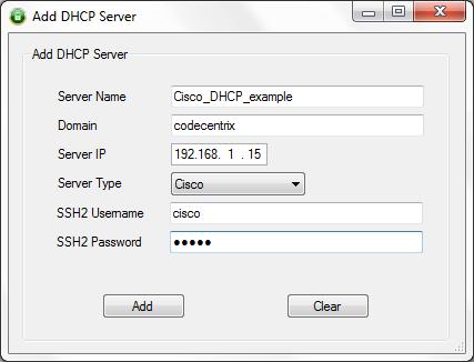 iii. DHCP server type Cisco Server Name Server IP Server type Fill in a short descriptive name for the DHCP server Fill in the IP address of the Cisco IOS device on which the DHCP server is enabled
