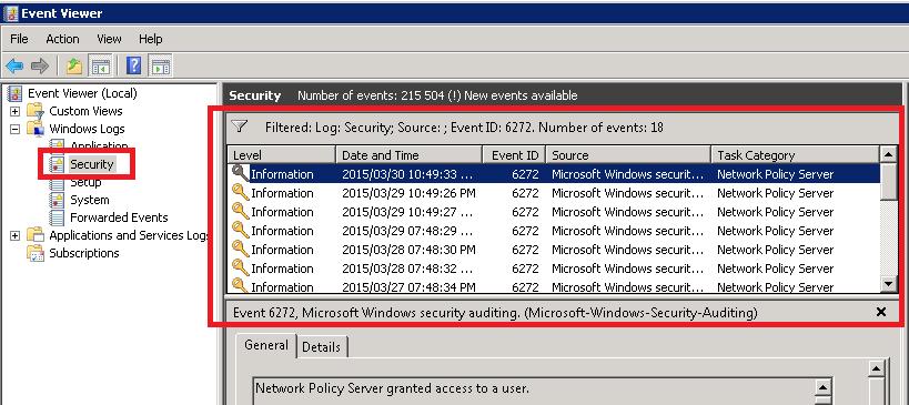 2) Successful Microsoft NPS authentications may not be logged. See the following document for more information on how to check the current Microsoft NPS logging level (https://technet.microsoft.