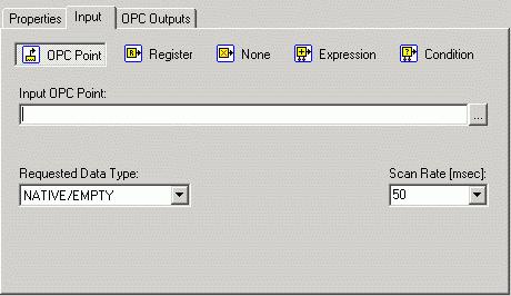 Configuring the Address Space Condition Result Condition Inputs Input Tab: OPC Point Register Settings: Input Tab The OPC Point section of the Input tab, shown in the figure below, specifies that the