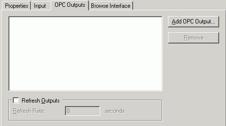 Configuring the Address Space Alias Settings: OPC Outputs Tab In the OPC Outputs tab in the Alias Settings dialog box, shown below, you can select OPC tags and /or registers from the Unified Data