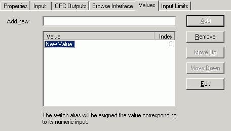 Configuring the Address Space Switch Alias Settings: Values Tab Switch Alias Settings: Input Limits Tab When the input is outside the range of the defined indexes, you can select an input type on the