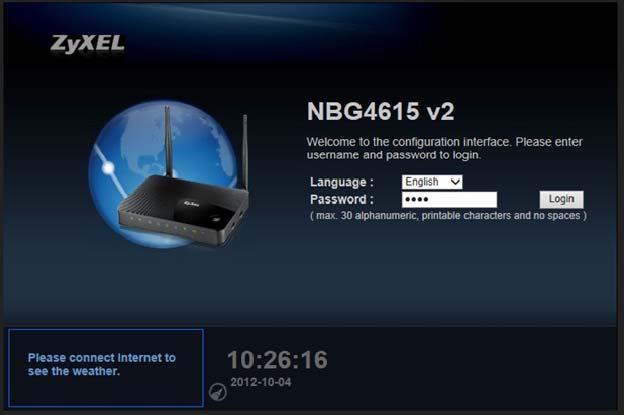 Logging In to the NBG-4615 v2 3. Direct your computer s web browser to 192.168.1.1. When asked for the Password, input 1234.