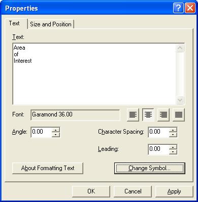 3. Double-click on Area of Interest and in the Properties window under Text: place the cursor after Area and hit <Enter>; repeat after of to create three lines of text.