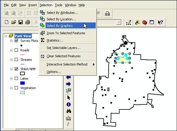 6. Move the cursor to the map display and draw a polygon that encloses several survey plots. When you close the polygon, it will probably display with a fill that obscures the survey plots.