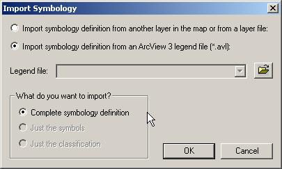 2. Click the radio button next to Import symbology definition from an ArcView 3 legend file (*.