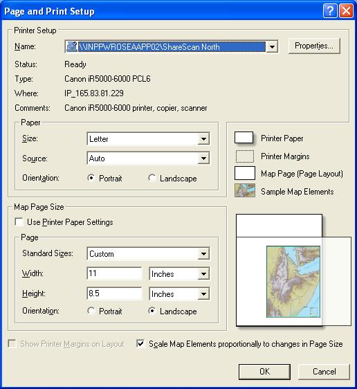 1. Click File in the menu bar; select Page and Print Setup; and set Page Orientation to Landscape (under Map Page Size on the left side of the window).