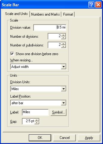 In the Scale Bar dialog, on the Scale and Units tab set the Number of divisions to 2, the Number of subdivisions to 2, check the box for Show one division before zero, and set the Division Units to