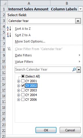 1. Filter the pivot table to show all months in 2002 only a. Click the drop down arrow in the Column Labels cell (B1) b.