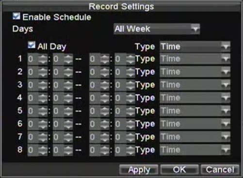 Figure 6. Schedule Settings 12. Click the Edit button. This will open up a new recording schedule, shown in Figure 7. 13. Check both the Enable Schedule and All Day checkbox.