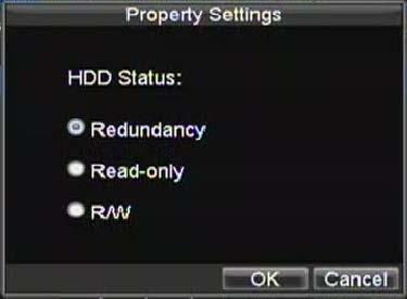 Click the OK button to save settings and return to the previous menu. Figure 11. HDD Property Settings 7.