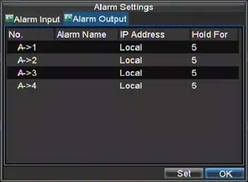 Figure 8. Alarm Output Interface 2. Select the output you would like to configure and click the Set button.