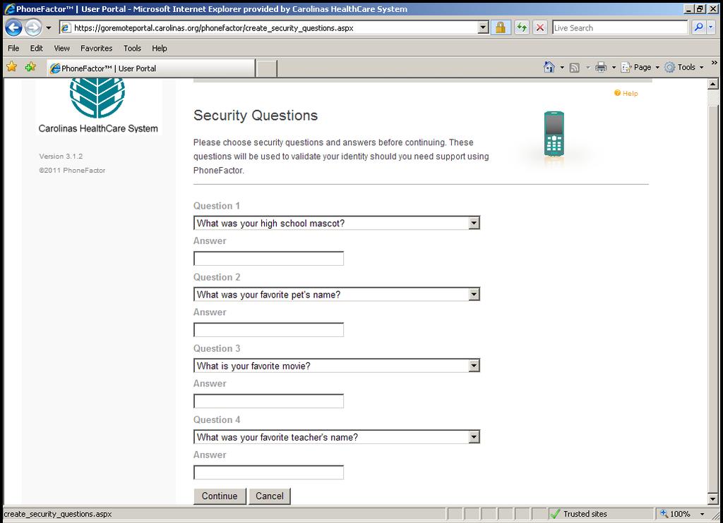 After pressing the # key, the goremote security questions setup page will display. Fill out the four security questions.