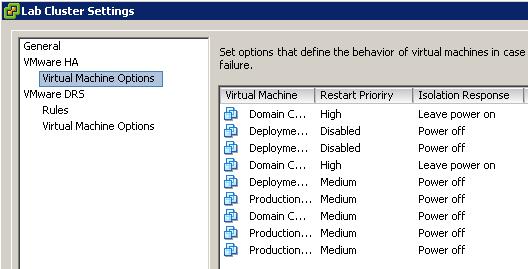 VMware HA Cluster Configuration: Step 2 Isolation Response Initiated when a host experiences network isolation from the rest of the cluster Power off is the default Assumes proper network redundancy