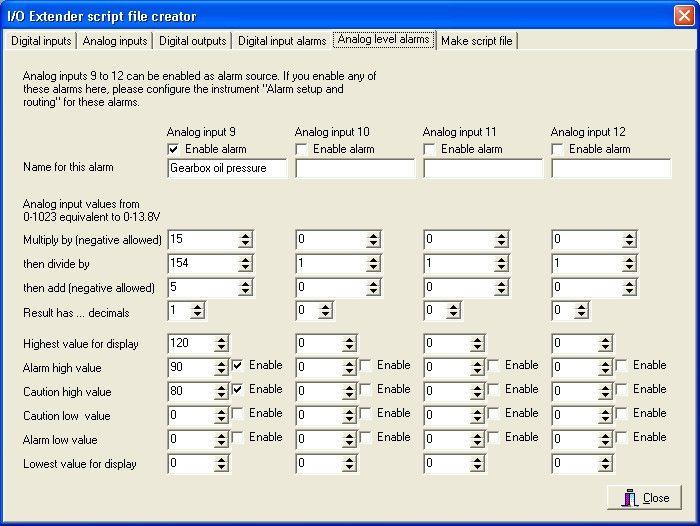 Scripting analog level alarms This script allows you to use up to four analog inputs in bargaph or other analog displays that are connected to instrument alarms. Inputs 9 to 12 can be used.