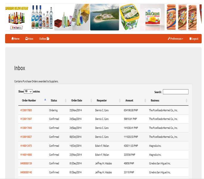 5. The system displays the STEP-UP Supplier Central Home Page. 6. The Alerts section shows the total number of Purchase Orders for confirmation (Inbox) and total number of Order Confirmation (Outbox).