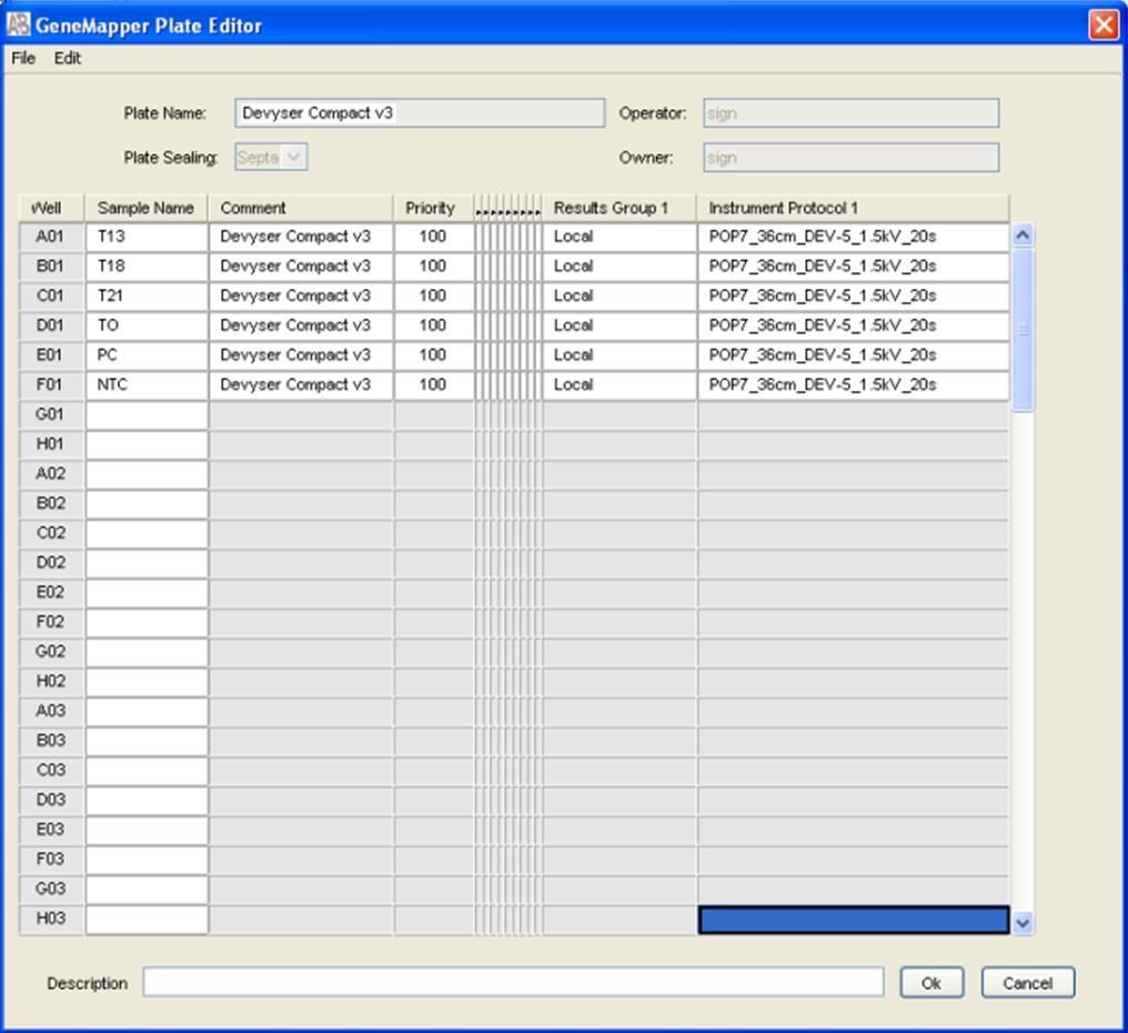 3. Fill out the GeneMapper Plate Editor a. Sample name: Enter the sample names b. Comment: optional c.