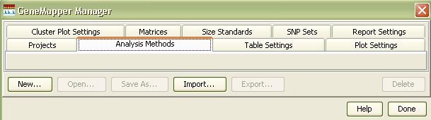 2.4.2 Importing new Analysis Settings in the GeneMapper Manager 1.
