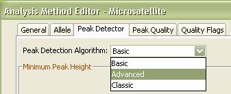 4. Select the Peak Detector tab and Advanced in the Peak Detection