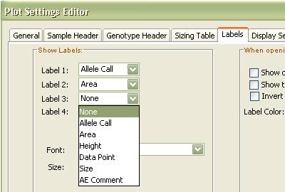 6. Select the Labels tab. In the Show Labels box, select the information to be shown in the labels by using the drop down lists in the Label 1 to Label 4 options.