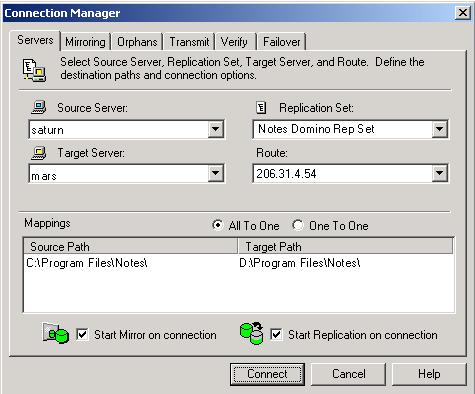 8. Drag and drop the replication set onto the target. The Connection Manager dialog box opens. 9. The Source Server, Target Server, Replication Set, and Route fields will automatically be populated.