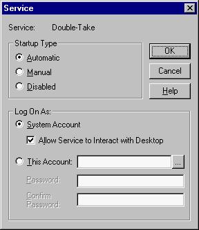 b. For Windows NT, follow these steps: 1. In Control Panel, Services, double-click the Double-Take service. 2. Mark the check box Allow service to interact with desktop and click OK.