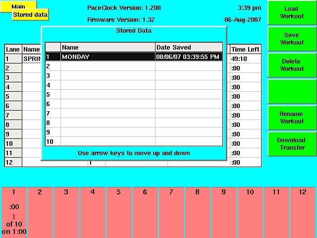 Figure 2-F Loading a Stored Pace Clock Workout Using Pace Clock Now that you have programmed Pace Clock, you can use it to automate your workouts.