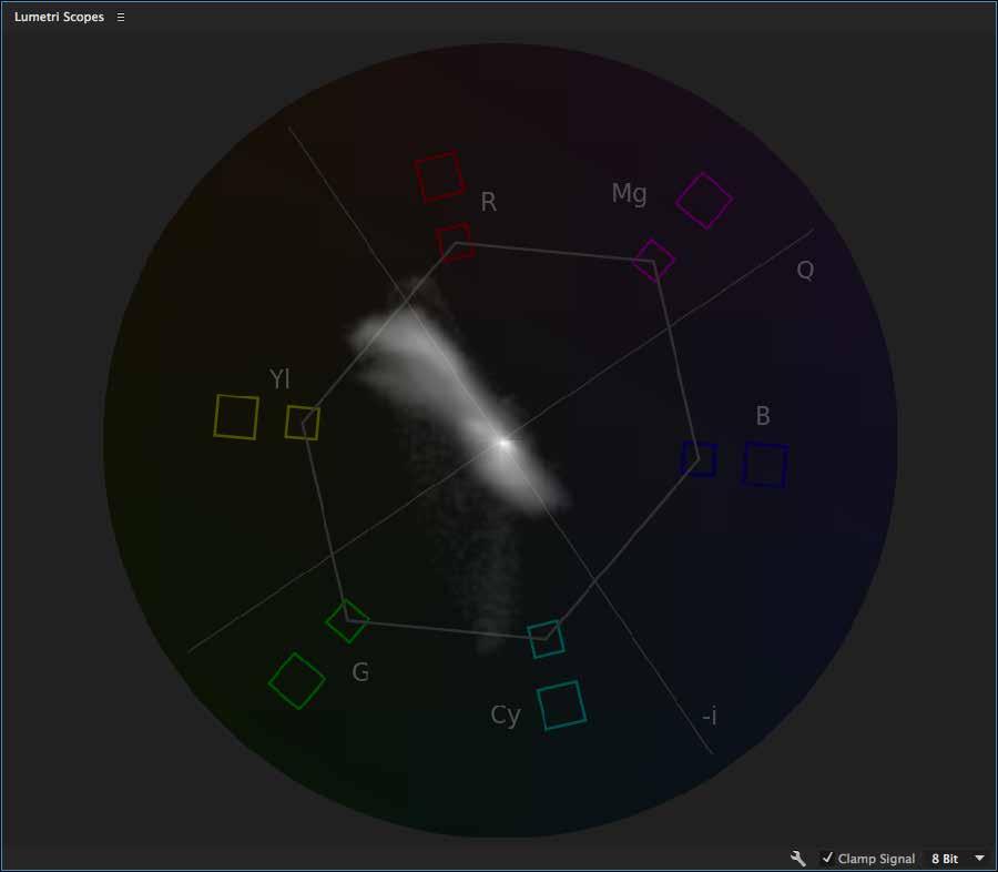 VECTORSCOPE Below: The Histogram The vectorscope comes in two flavors in Premiere Pro HLS and YUV. The more useful of the two is the YUV Vectorscope, which is the one we will cover here.