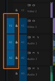 Basic Editing Above: The Source-patching toggles, highlighted in orange. Click here to select which track to edit to.