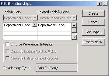 In the example illustrated below, we wish to create a relationship between the Department Code field in the Department Codes and Human Resource tables.