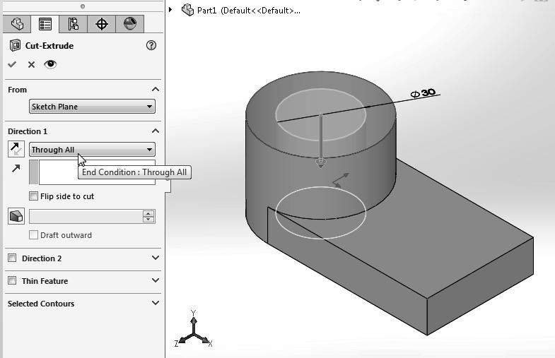 Constructive Solid Geometry Concepts 3-19 The Cut-Extrude PropertyManager is displayed in the left panel. Notice that the sketch region (the circle) is automatically selected as the extrusion profile.