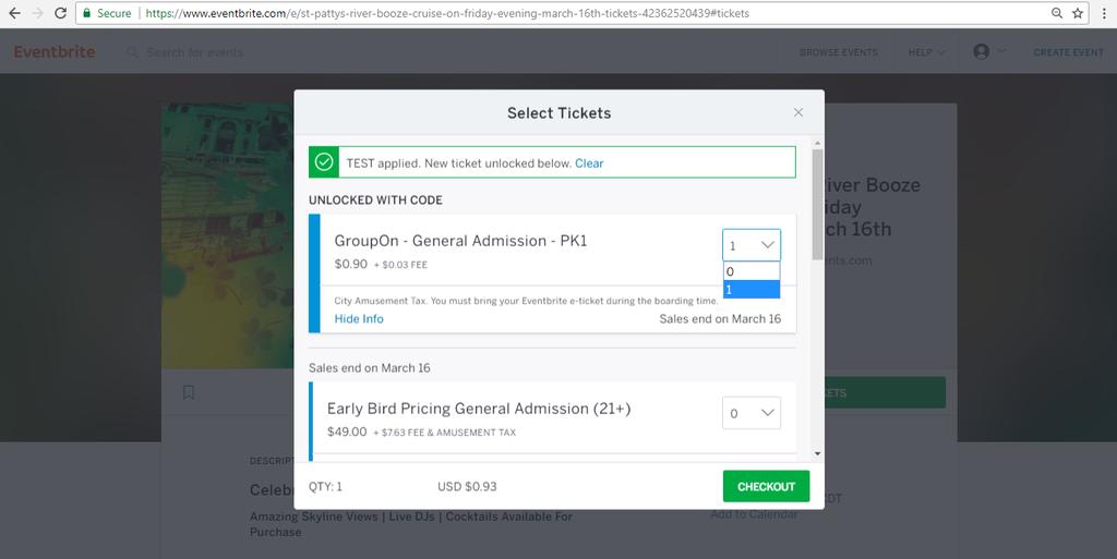 9. Select the Quantity on that ticket type. Change from 0 to the other number displayed. Click Checkout.