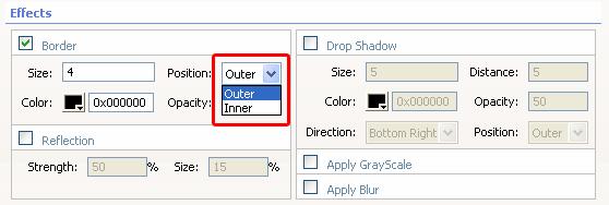 In- or decrease the thickness of your border in pixels by setting the Size option. We ll set it to 4. You can choose to display the border inside or outside the image by choosing the Position option.
