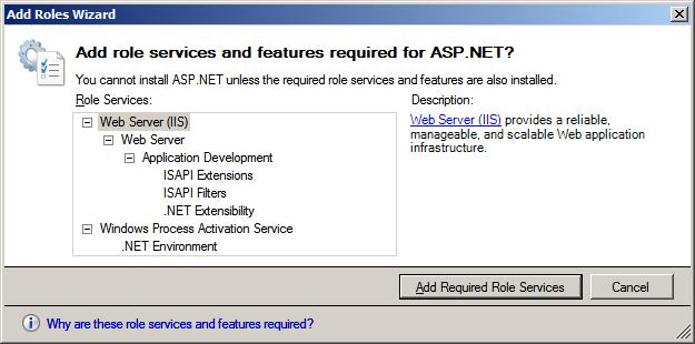7. Checking ASP.NET will prompt you to automatically check other role services needed to run ASP.NET. Select Add Required Role Services to continue. 8.