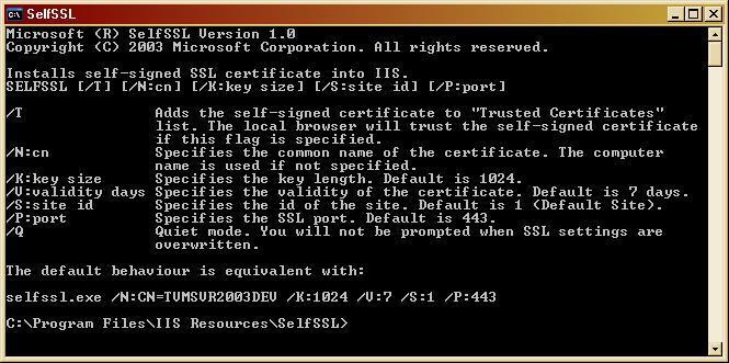 2. Type the following at the command line: selfssl.exe /N:YOURSERVERNAME /K:1024 /V:XXXX Where YOURSERVERNAME is the name of the server IIS is installed on.