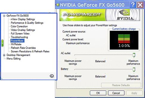 Chapter 7 Configuring Key ForceWare Graphics Driver Features Current power source Figure 7.34 PowerMizer Settings Applies only to Notebook Computers Current battery charge.