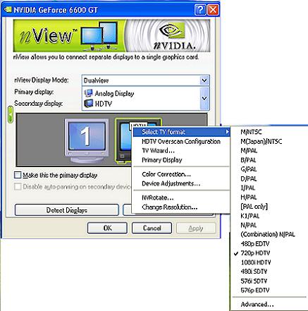 Chapter 6 Configuring HDTV Figure 6.2 Quick Access to HDTV Formats HDTV Component Connection HDTV (EDTV/SDTV) formats Click the Advanced button to open the TV Settings dialog box.