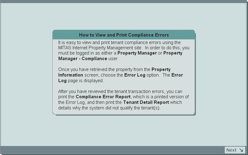 Slide 17 - Concept: View and Print Compliance Errors How to View and Print Compliance Errors It is easy to view and print tenant compliance errors using the MITAS Internet Property Management site.