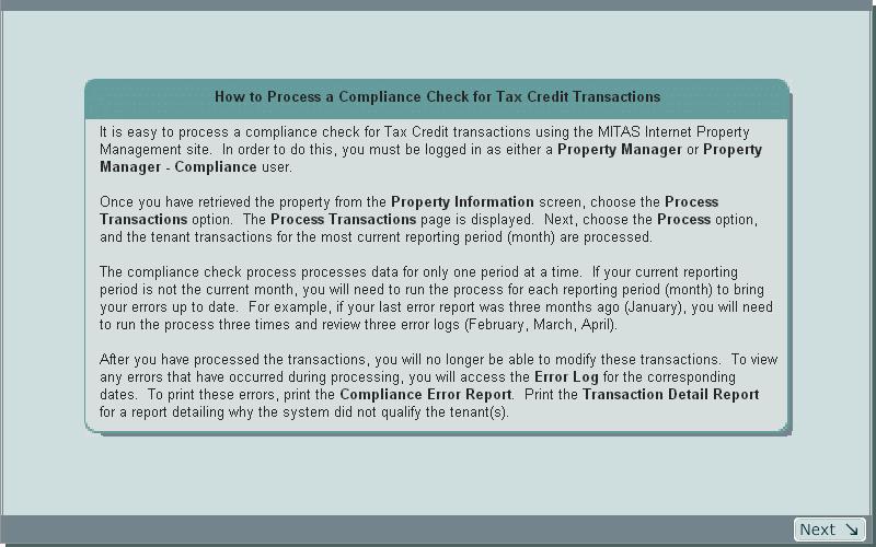 Slide 5 - Concept: Process Compliance Check How to Process a Compliance Check for Tax Credit Transactions It is easy to process a compliance check for Tax Credit transactions using the MITAS Internet