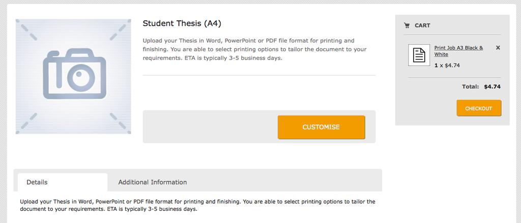 appear: Click the View product link to view more information or, alternatively, you can click Customise to begin the thesis submission