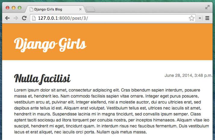 Extend your application Django Girls Tutorial about:reader?url=https://tutorial.djangogirls.org/en/extend_your_applic... 9 di 10 13/11/2017, 20:05 TemplateDoesNotExist is gone now. Yay! It works!