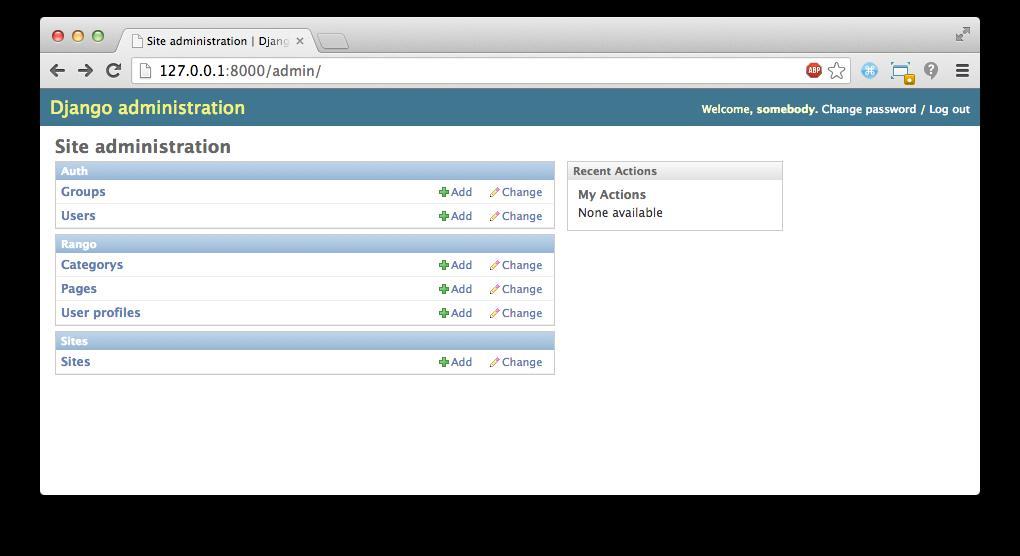The Django admin interface. Note the Mysite category, and the two models contained within. python manage.py syncdb python manage.